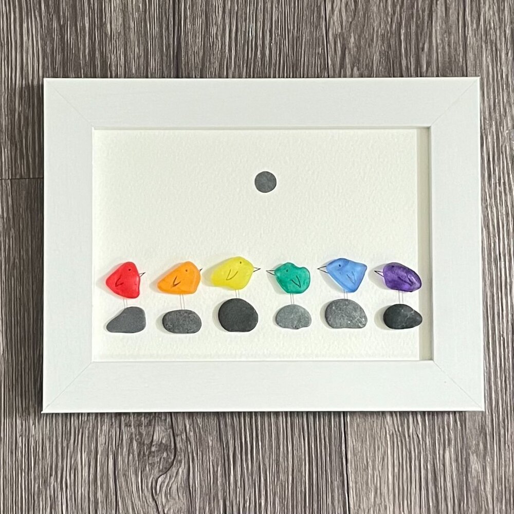 Handmade Sea Glass & Stone Rainbow Baby Bird Art , Framed